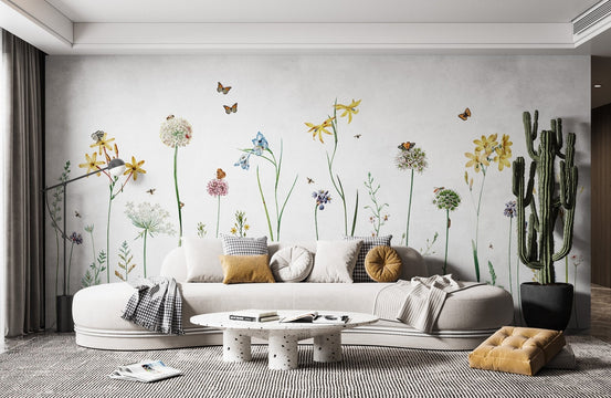 Vibrant mural featuring butterflies and blooming flowers for living room walls.
