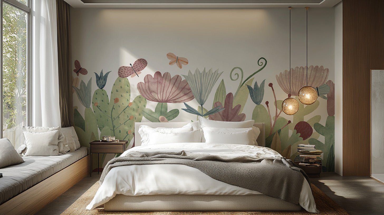 Watercolor wildflowers and butterflies on a cream wallpaper mural.