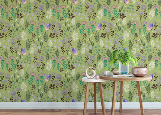 Butterfly meadow green wallpaper with purple butterflies and wild meadow flowers.