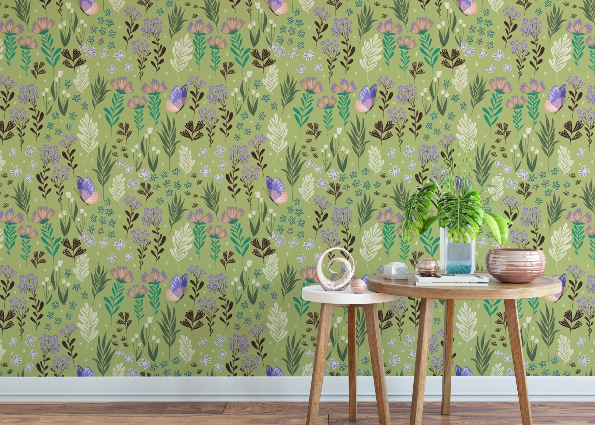 Butterfly meadow green wallpaper with purple butterflies and wild meadow flowers.