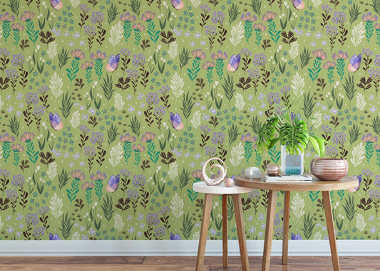 Butterfly meadow green wallpaper with purple butterflies and wild meadow flowers.