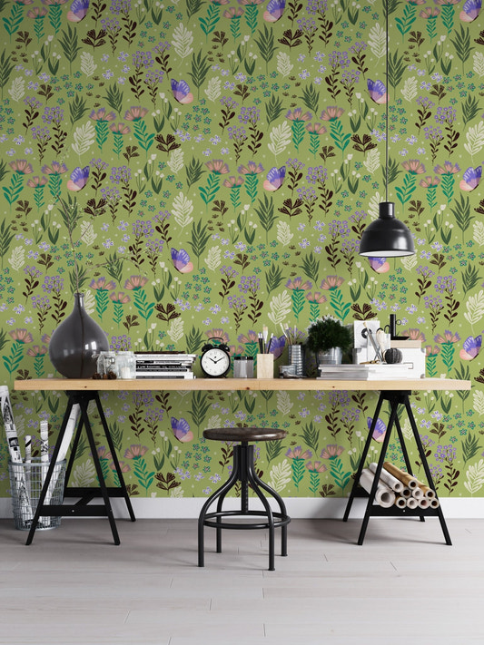 Seamless botanical green wall mural featuring hand-drawn sprigs and tiny pink blossoms.