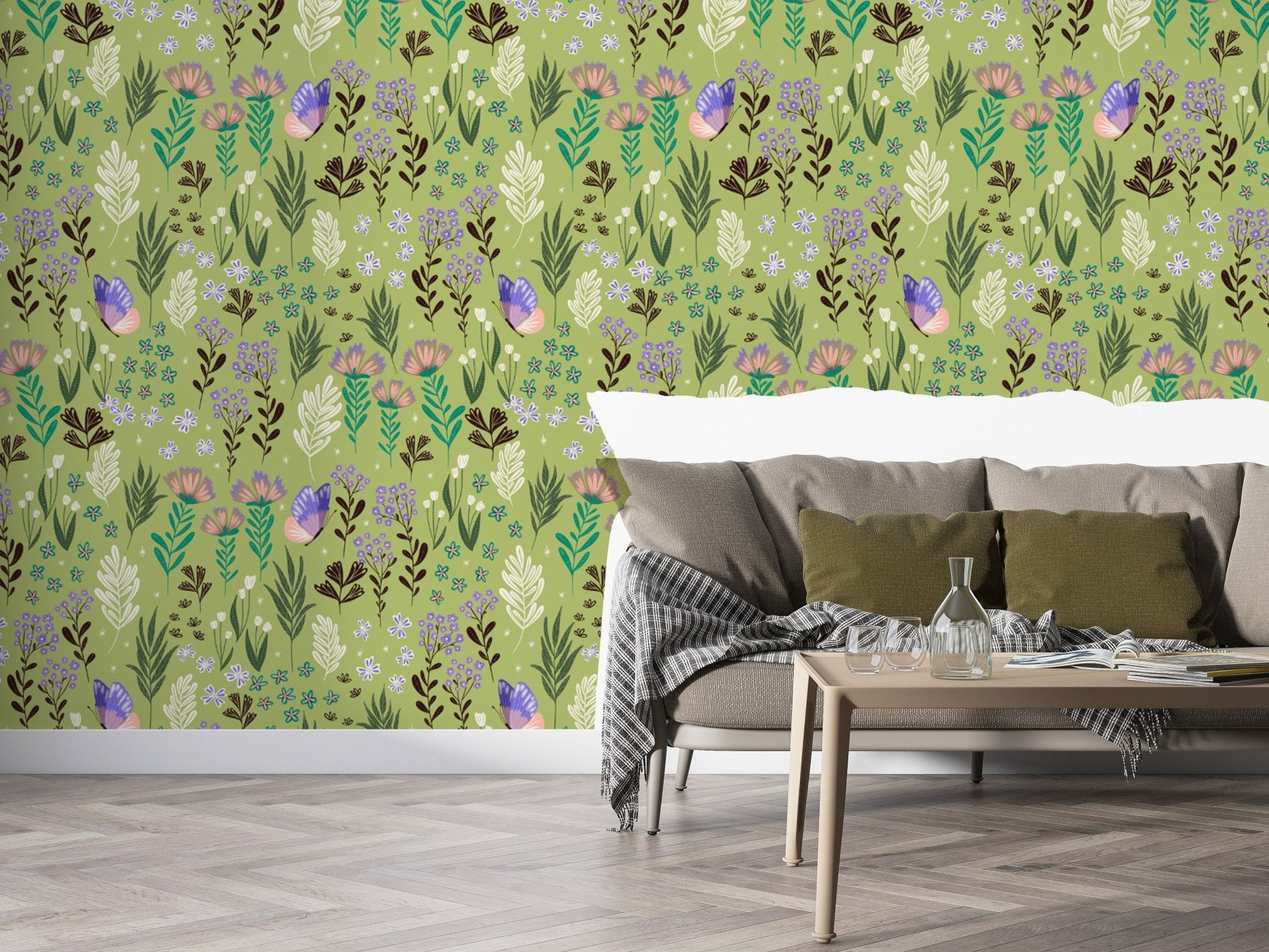 Butterfly Meadow Green Wallpaper - Wallanza