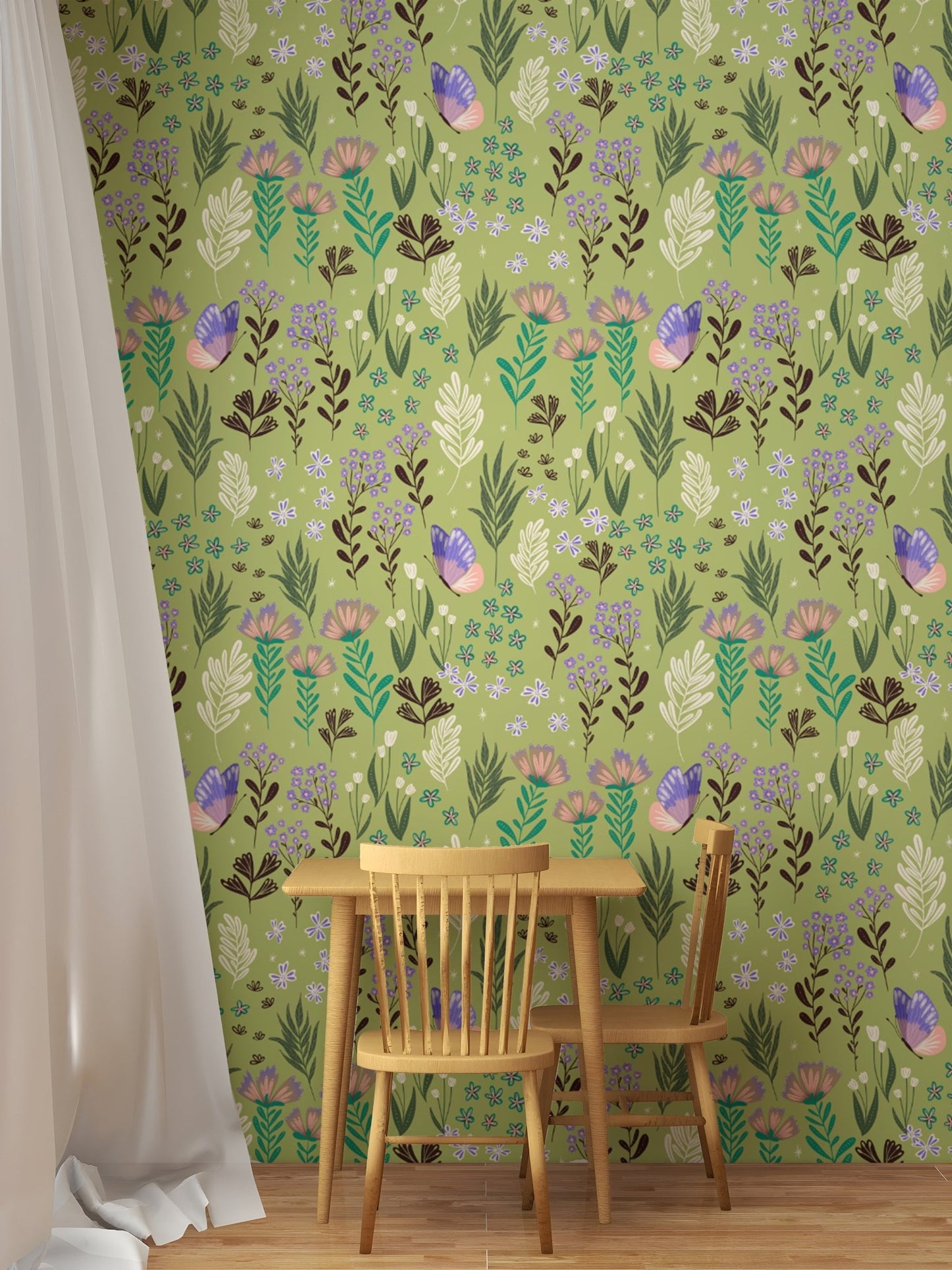 Butterfly Meadow Green Wallpaper - Wallanza