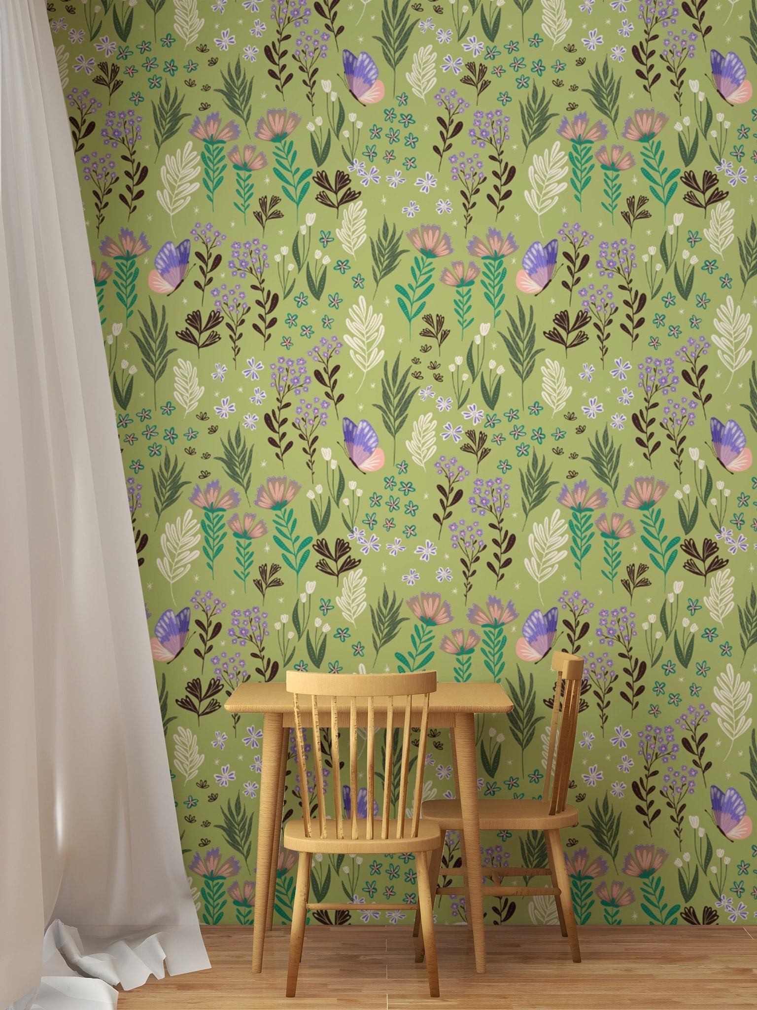 Butterfly Meadow Green Wallpaper - Wallanza