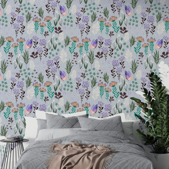 Butterfly meadow purple wallpaper showcasing a repeatable nature motif.