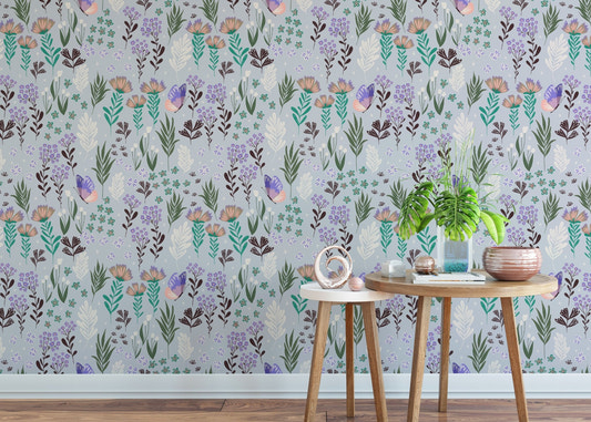 Butterfly meadow purple wallpaper with lavender insects and wildflowers.