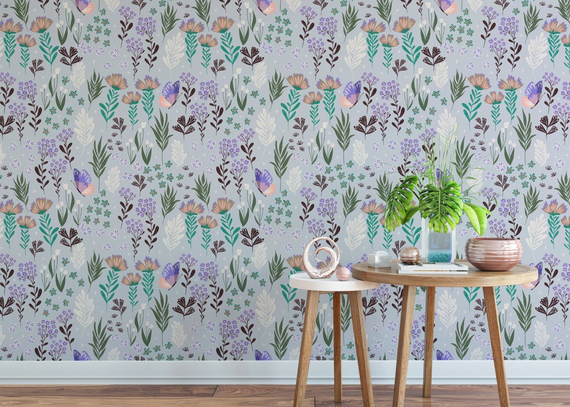 Butterfly meadow purple wallpaper with lavender insects and wildflowers.