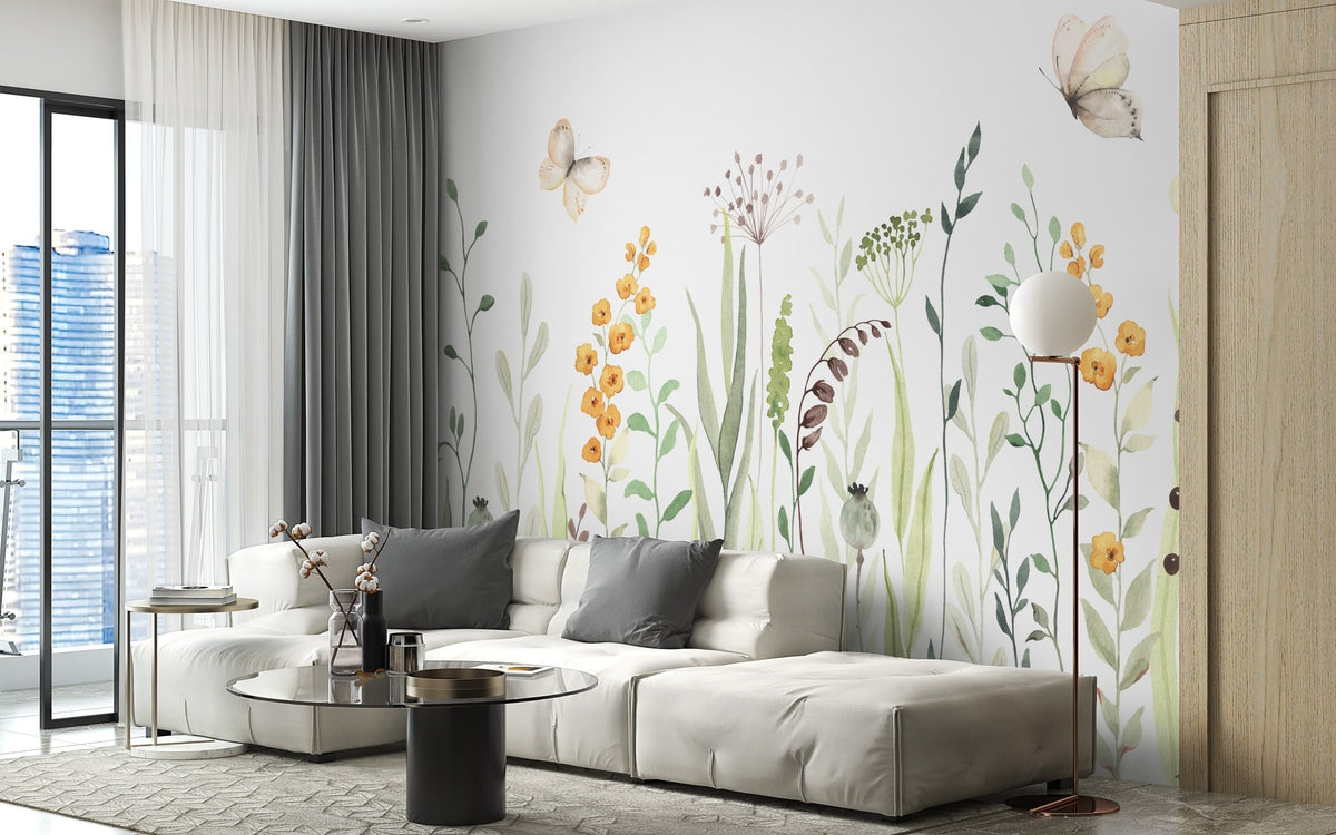 Watercolor wildflower wall mural in a bright living room with a white sectional sofa.