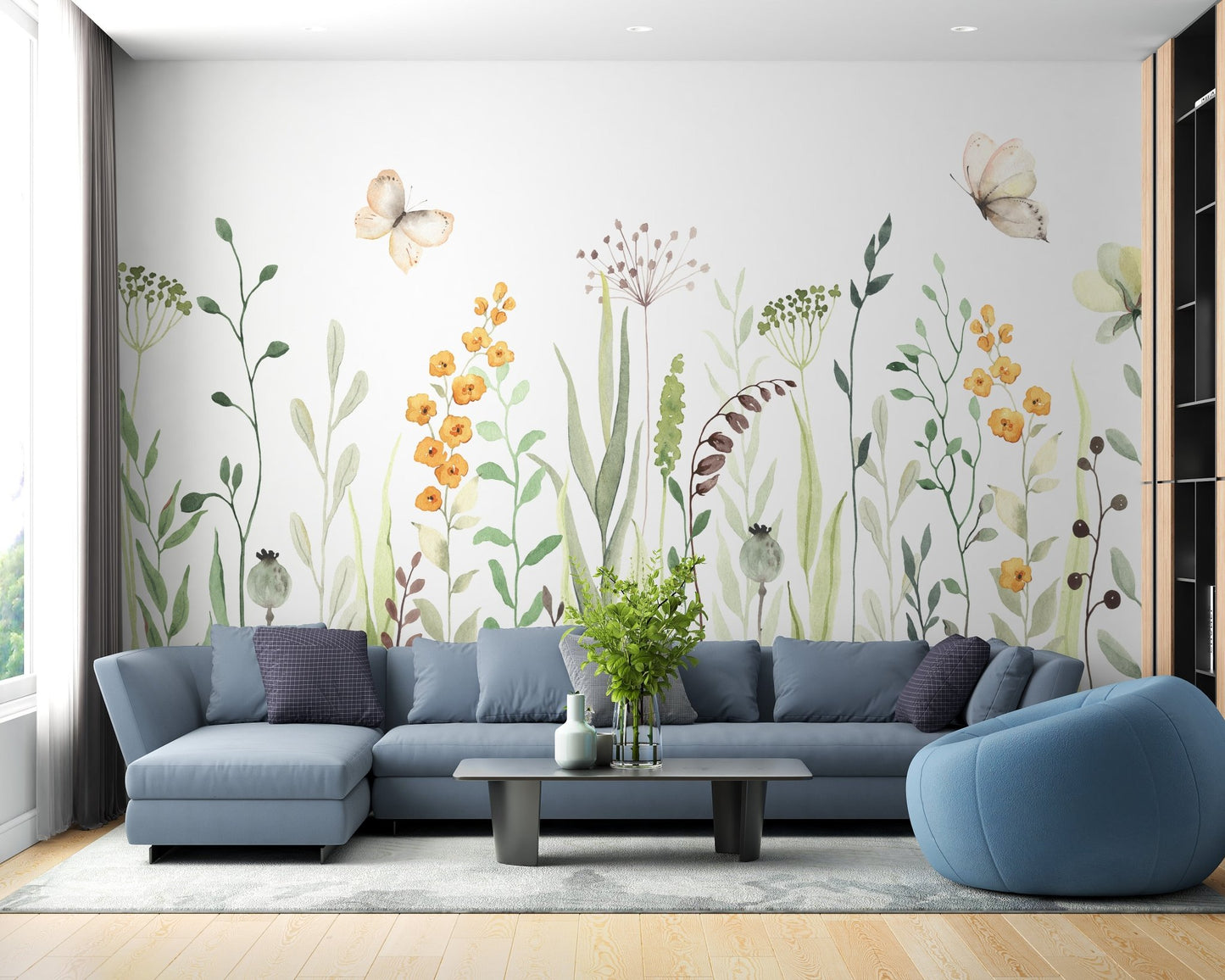 Butterfly Oasis Watercolor Meadow Floral Art Murals - Wallanza