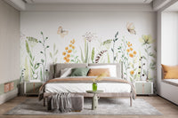 Watercolor mural with butterflies and meadow florals for walls.
