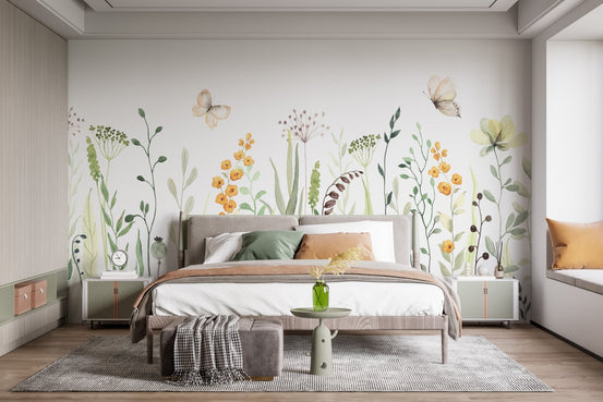 Butterfly Oasis Watercolor Meadow Floral Art Murals in a modern master bedroom.