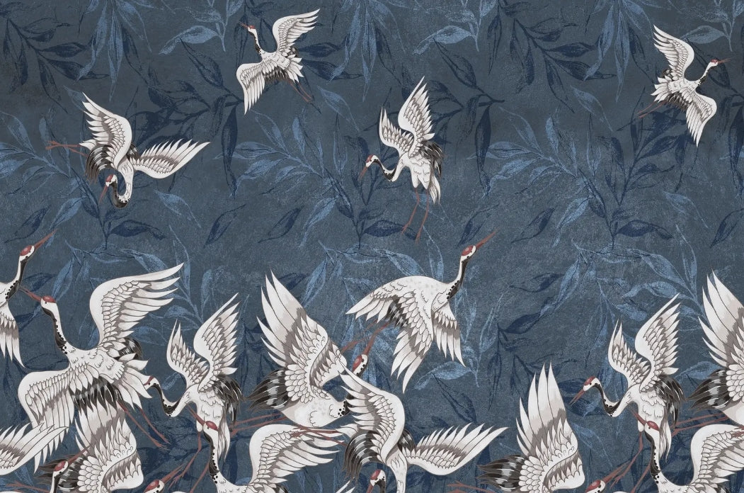 Blue Grunge Leaves Crane Wallpaper