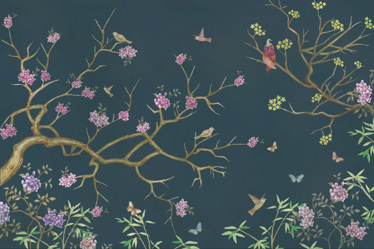 Dark Blue Chinoiserie Wallpaper Mural
