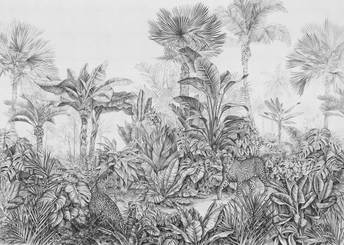 Grey Tropical Leopard Jungle Wallpaper