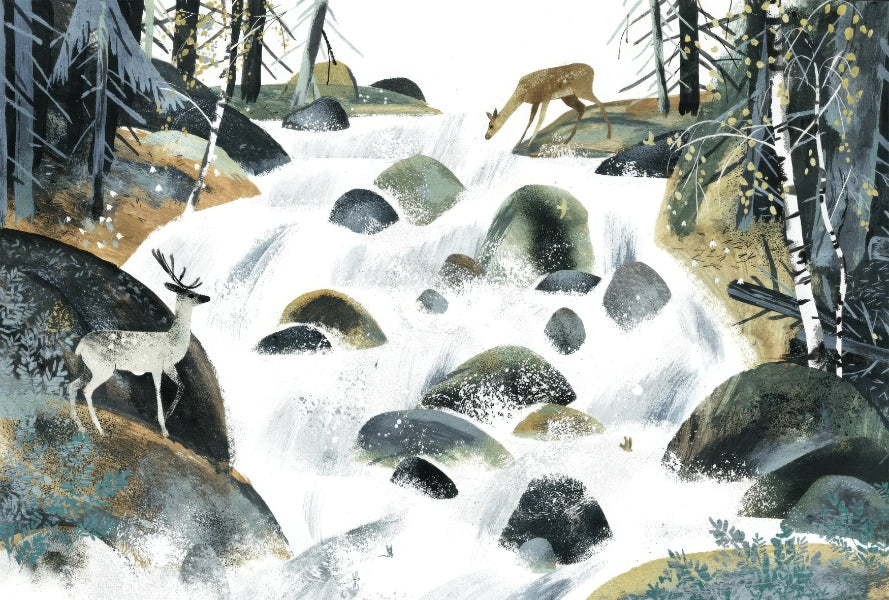 Forest Waterfall Deer Wall Mural in your room — zoomed