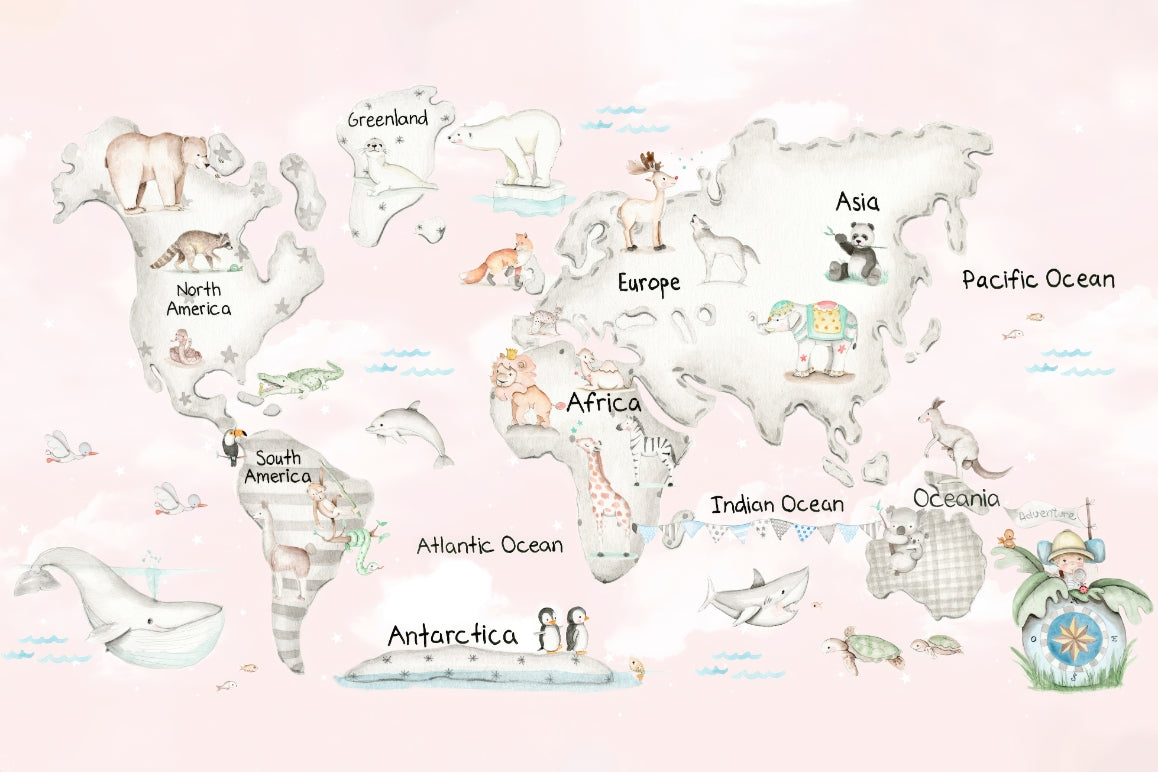 Playful Global Wildlife Wallpaper Mural in your room — zoomed