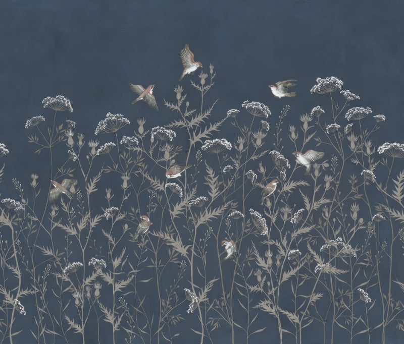 Blooming Birds Wallpaper Mural in your room — zoomed