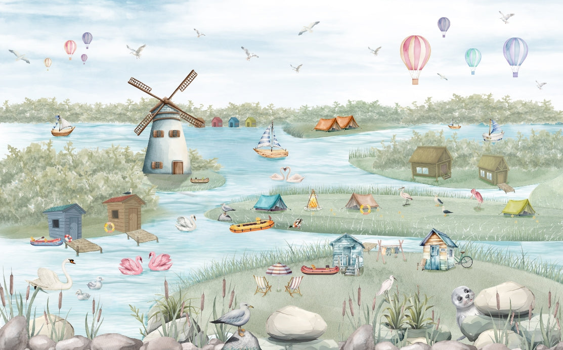 Colorful Boathouse Lakeside Wall Mural in your room