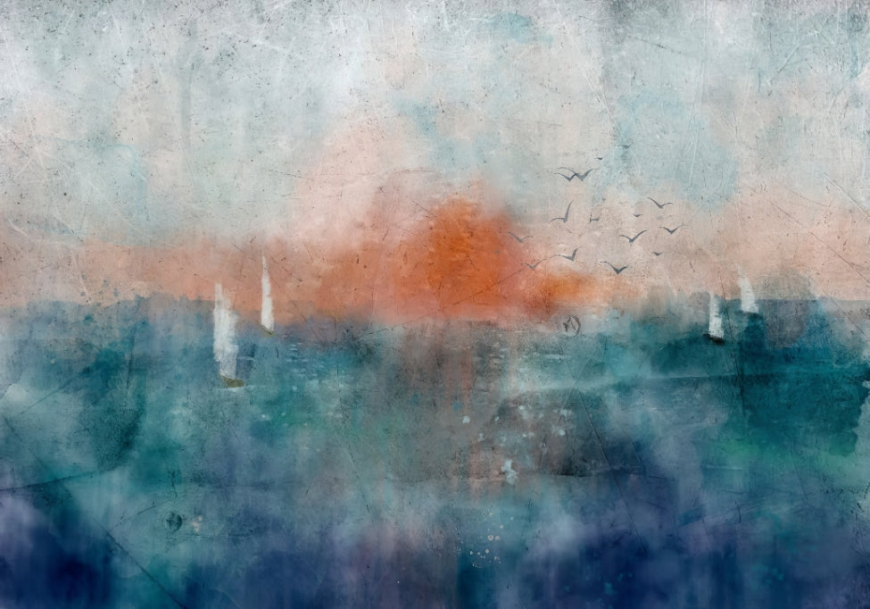 Sunset Seascape Watercolor Wall Mural