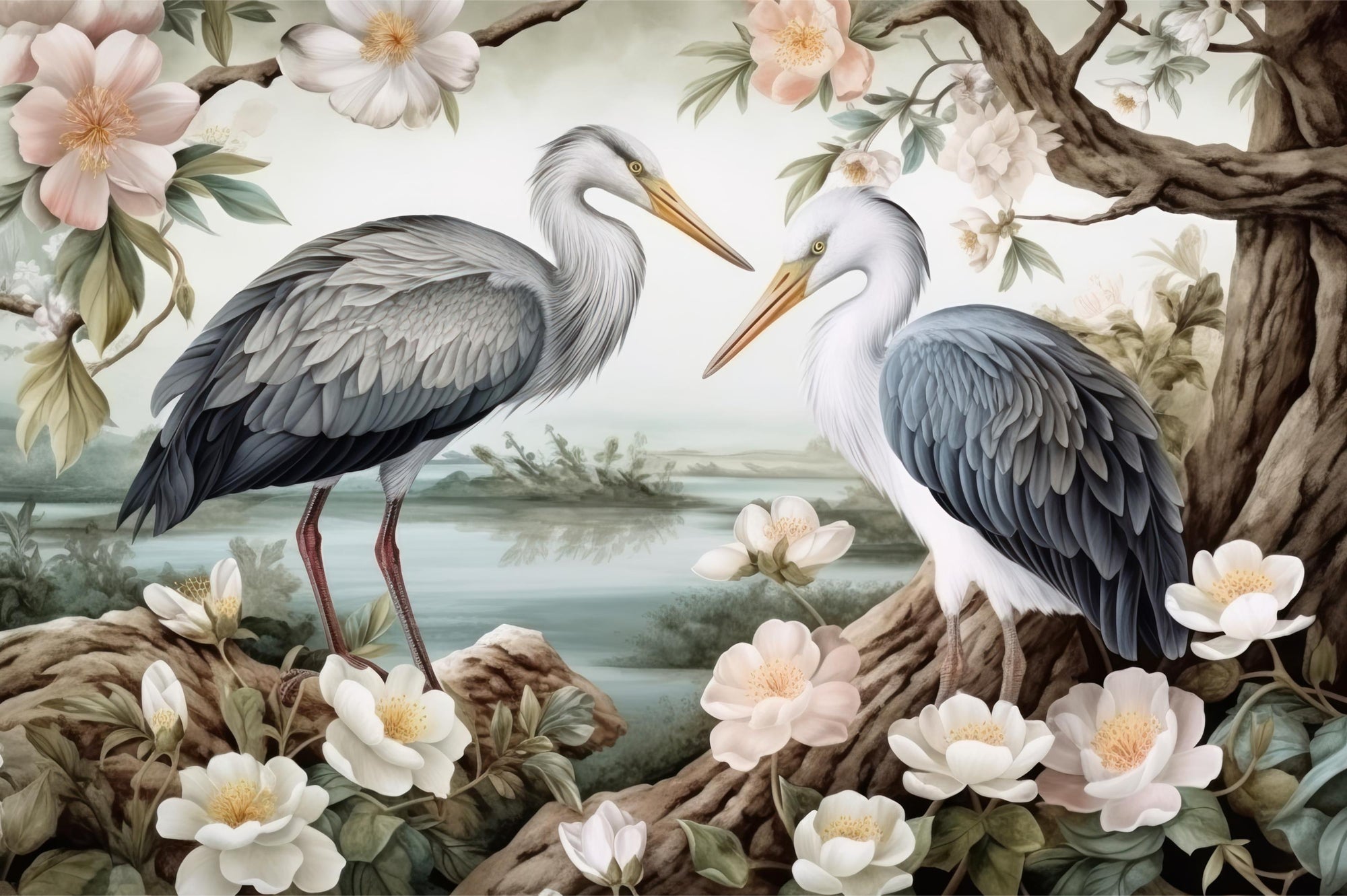 Lotus Pond Herons Mural Wallpaper