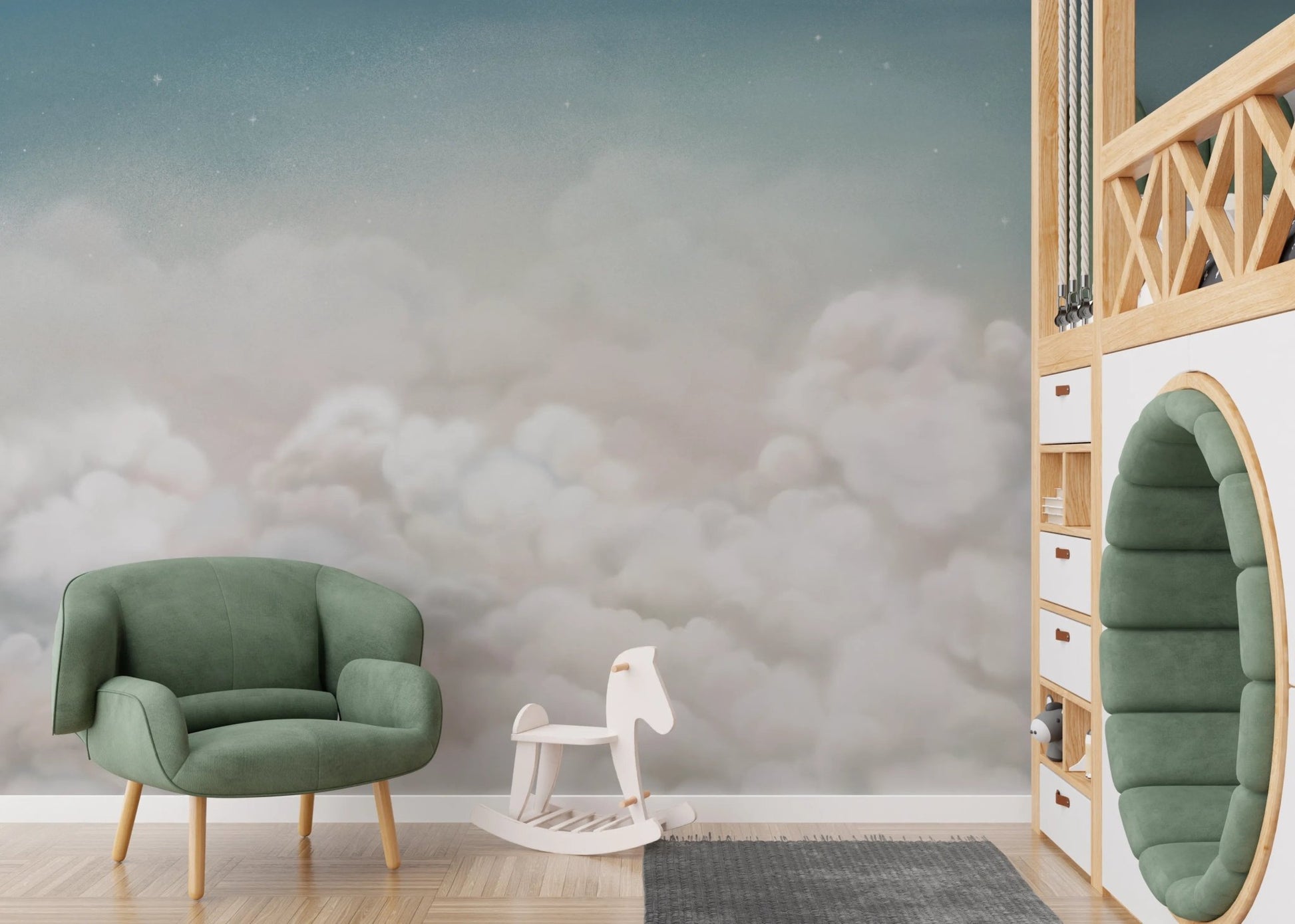 Calming Clouds Blue Wall Mural behind a green armchair in a contemporary kids area.