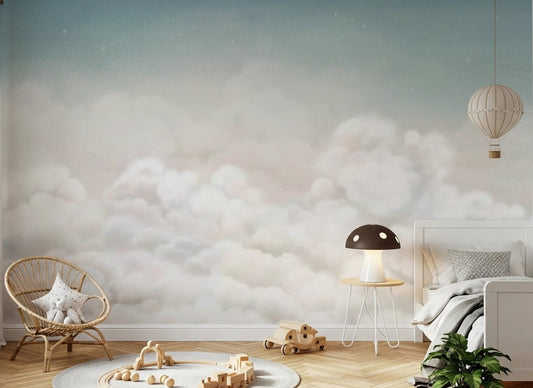 Soft blue sky wall mural with grey shaded clouds in a modern bedroom