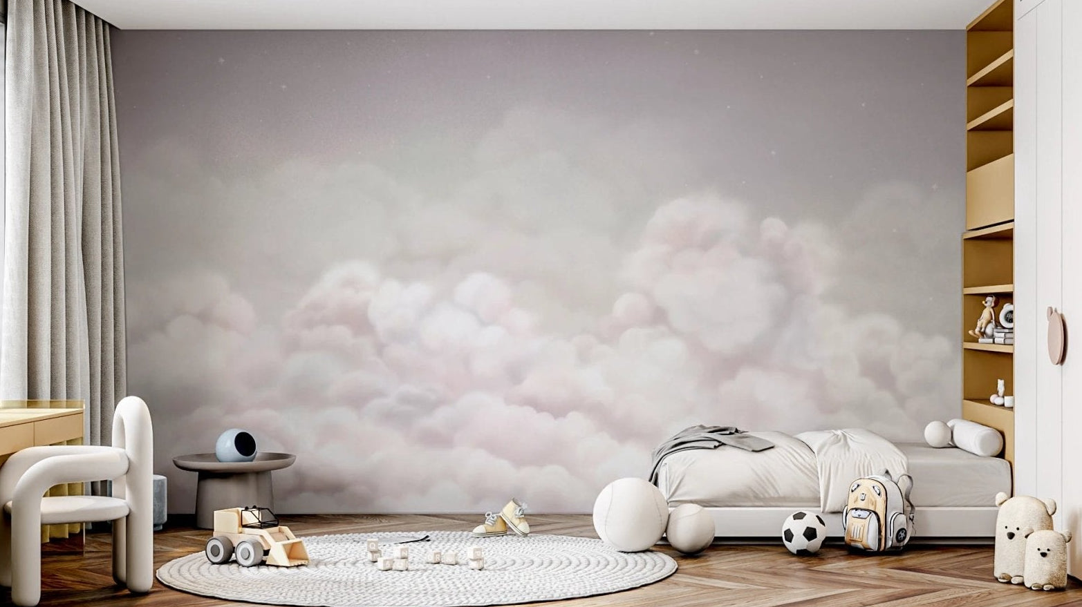 Calming Clouds Pink Wall Mural in a large room with light wood flooring.