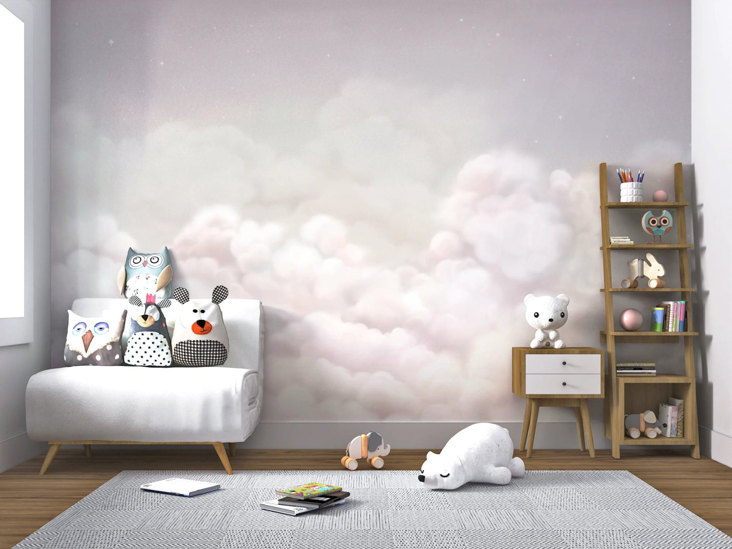 Calming Clouds Pink Wall Mural in a minimalist nursery with a white armchair.