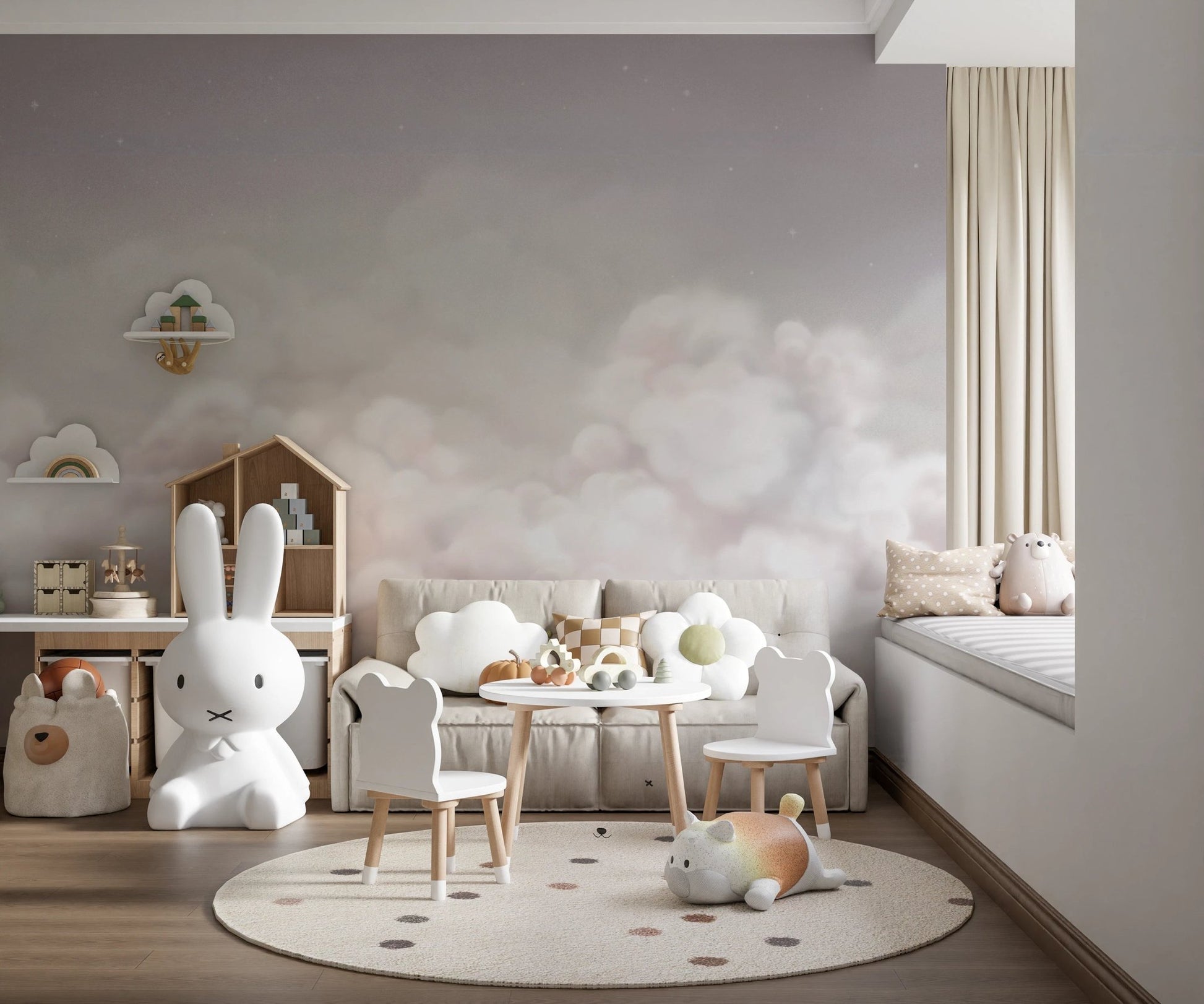 Pink sky themed wall mural in a bedroom with a white bunny chair and round rug.