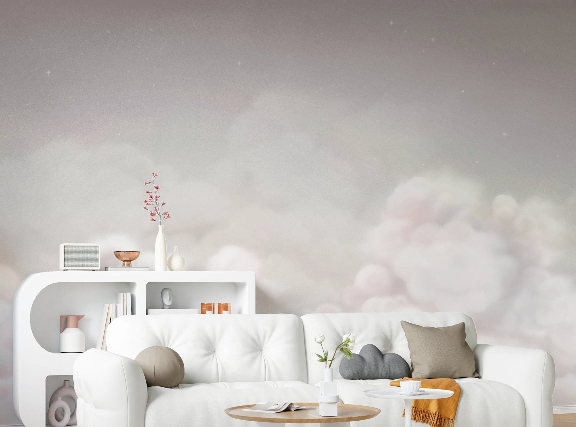 Modern pink cloud wall mural in a bright living room.
