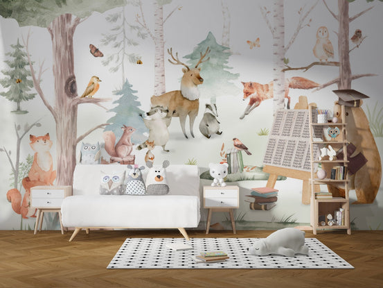 Animal classroom style wallpaper wall mural with bear and chalkboard.