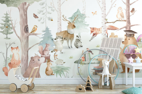 Cartoon animals kids wall mural woodland wallpaper in soft pastel color.