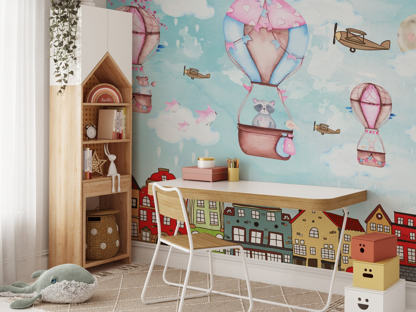 Cartoon City Aerial Escapade Wall Murals in a study room with a white desk.