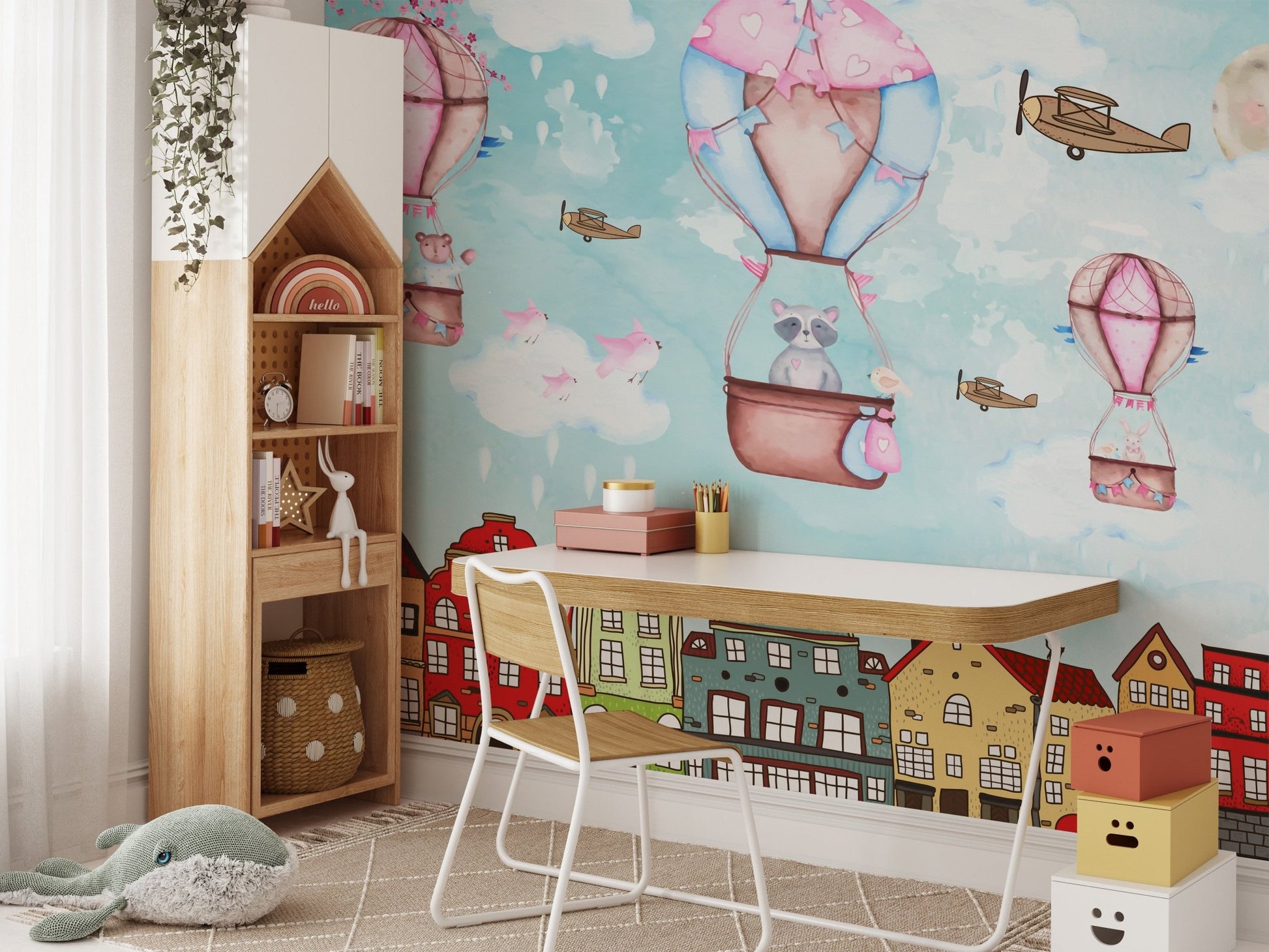 Cartoon City Aerial Escapade Wall Murals in a study room with a white desk.