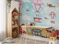 Cartoon City Aerial Escapade Wall Murals in a study room with a white desk.