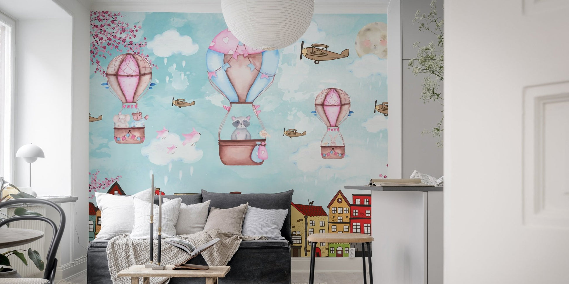 Cartoon City Aerial Escapade Wall Murals in a brightly lit modern flat.