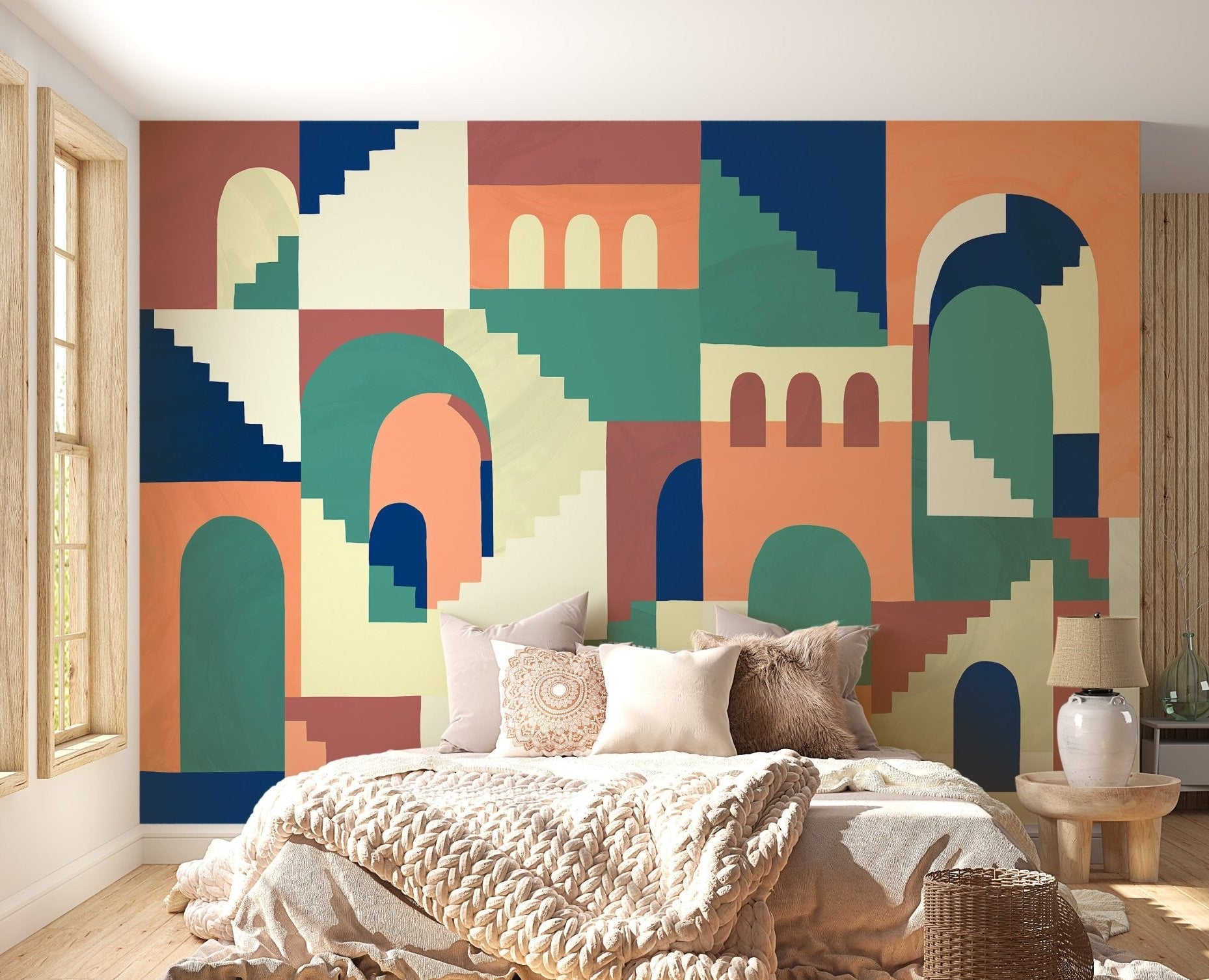 Cartoon maze kids wall mural in large bedroom.