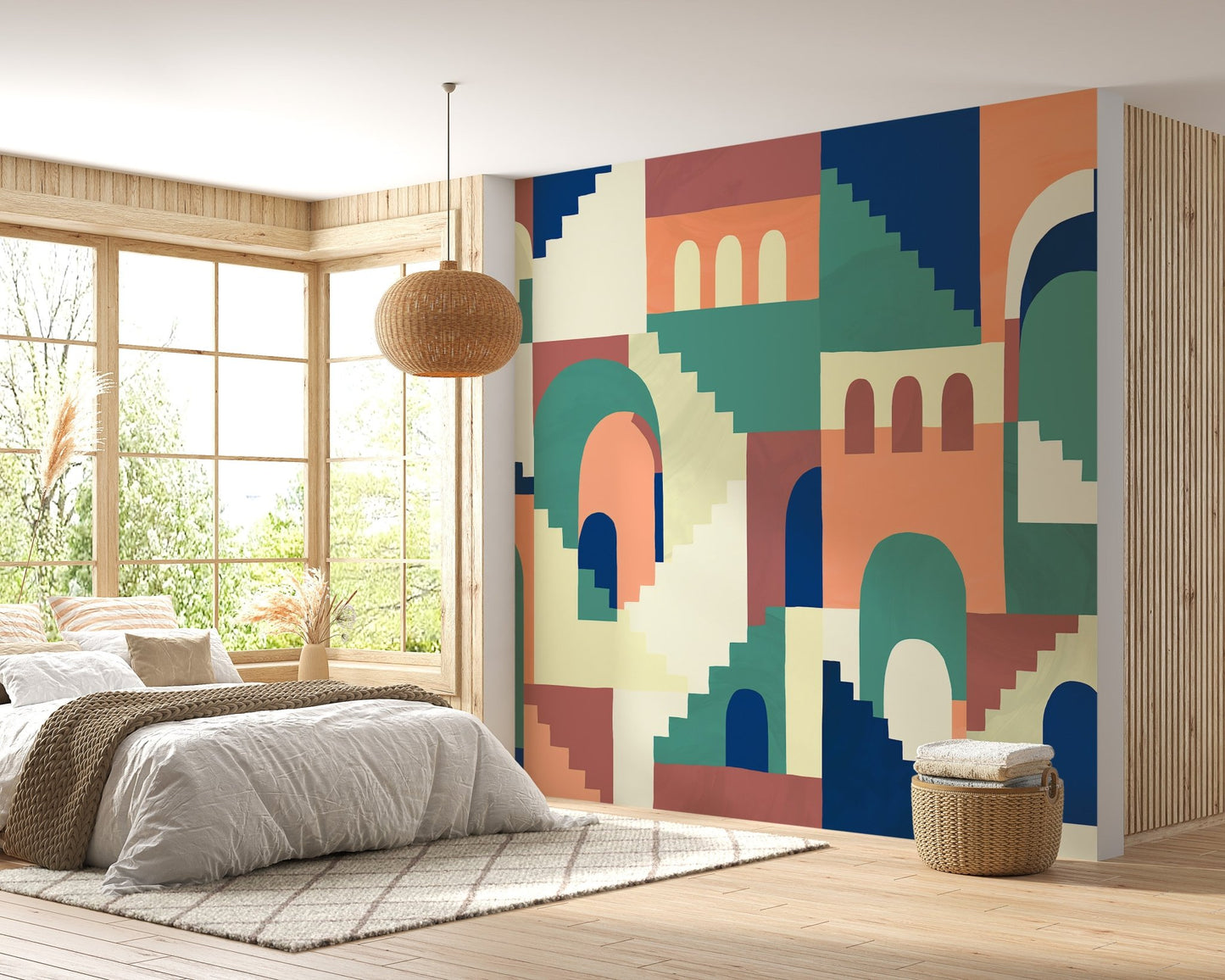 Playful maze themed wall mural in sunlit bedroom.
