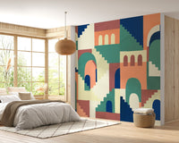 Playful maze themed wall mural in sunlit bedroom.