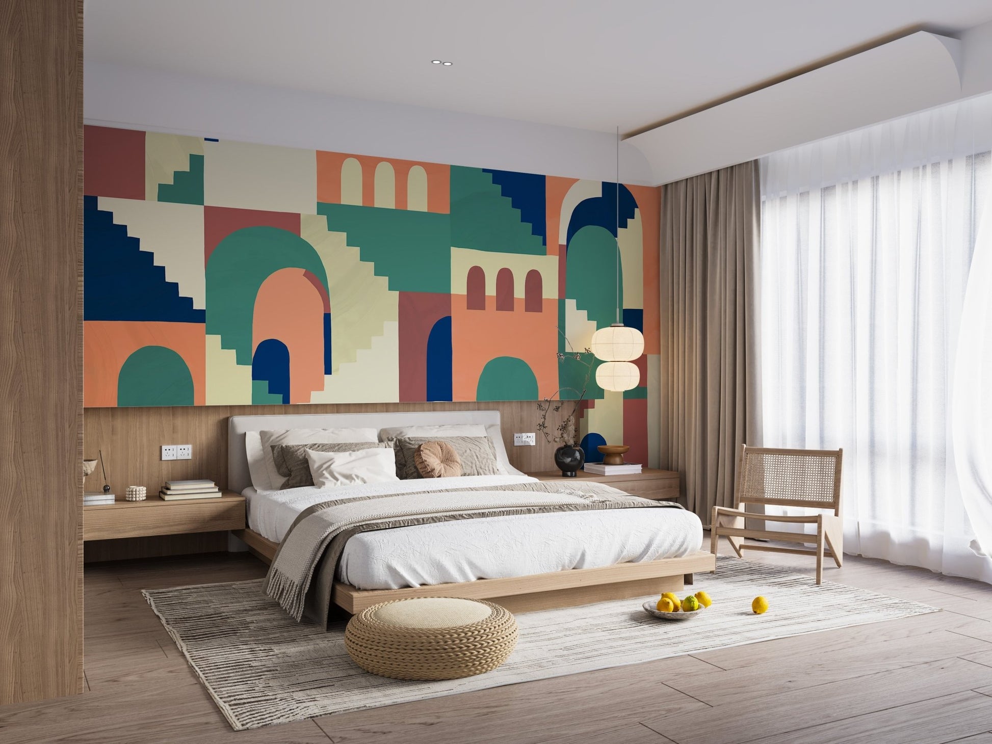 Cartoon maze abstract multicolor kids room wall mural in a neutral bedroom.