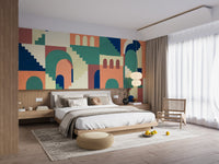 Cartoon maze abstract multicolor kids room wall mural in a neutral bedroom.