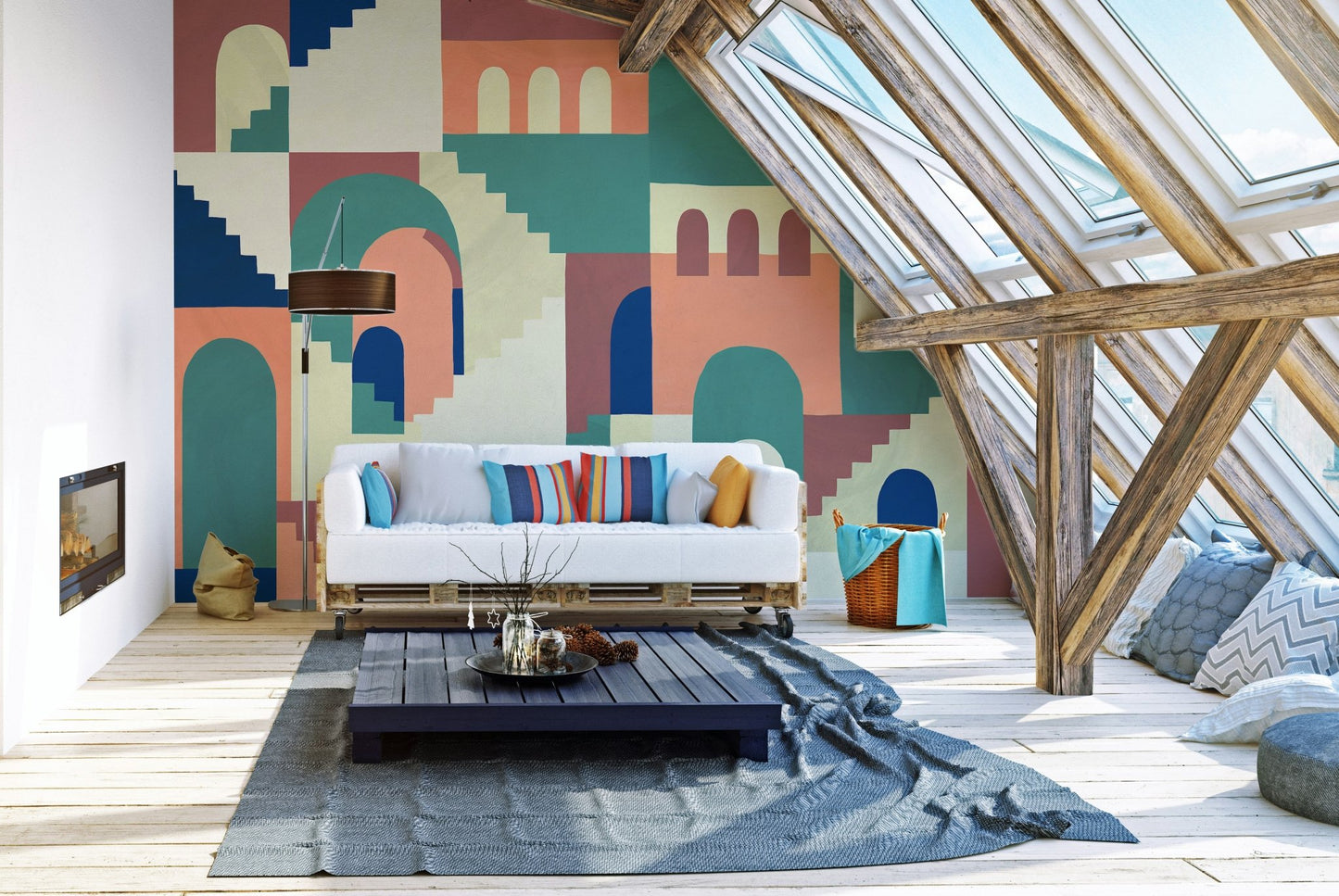 Lively kids cartoon maze mural in a white attic room.