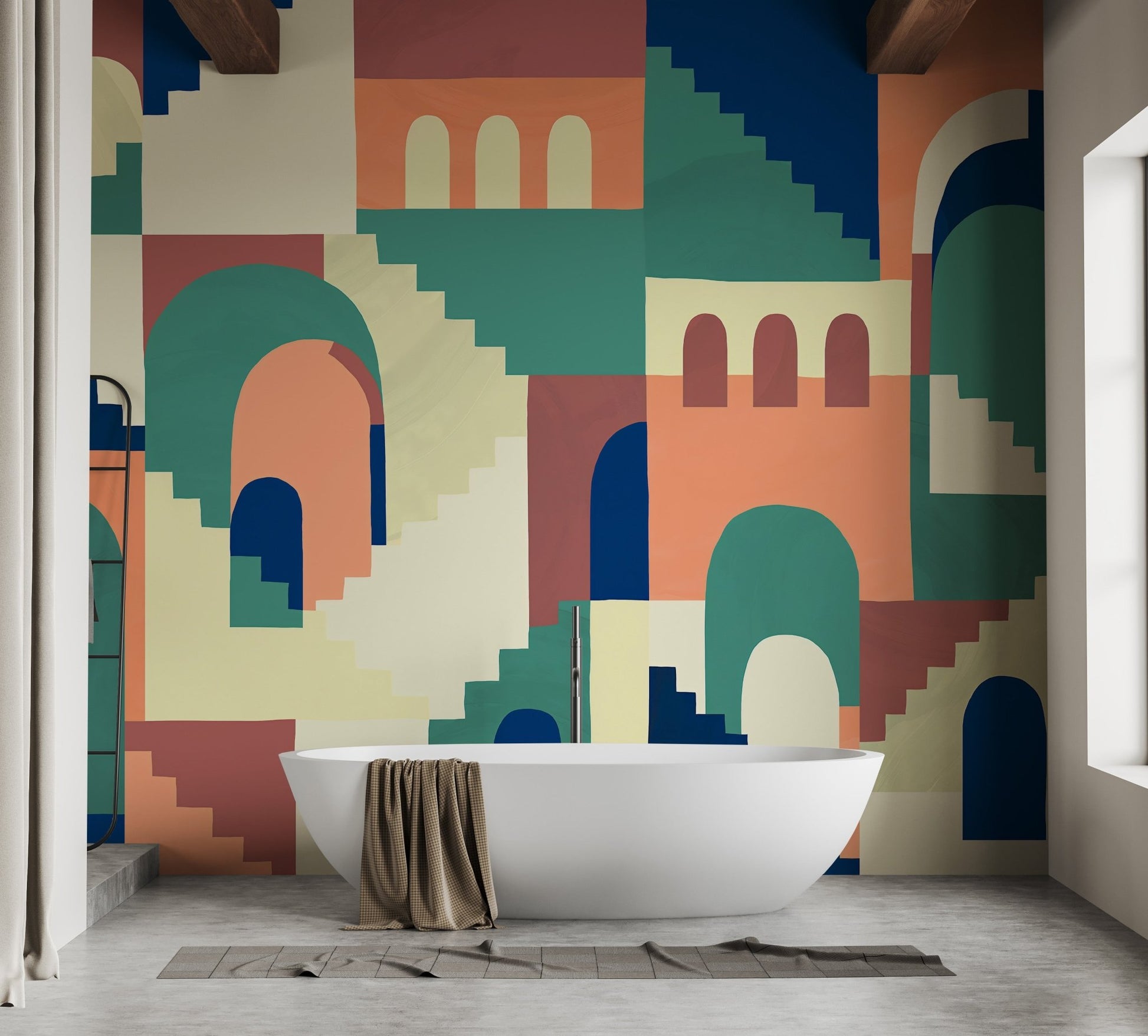 Multicolor abstract maze mural in modern bathroom.
