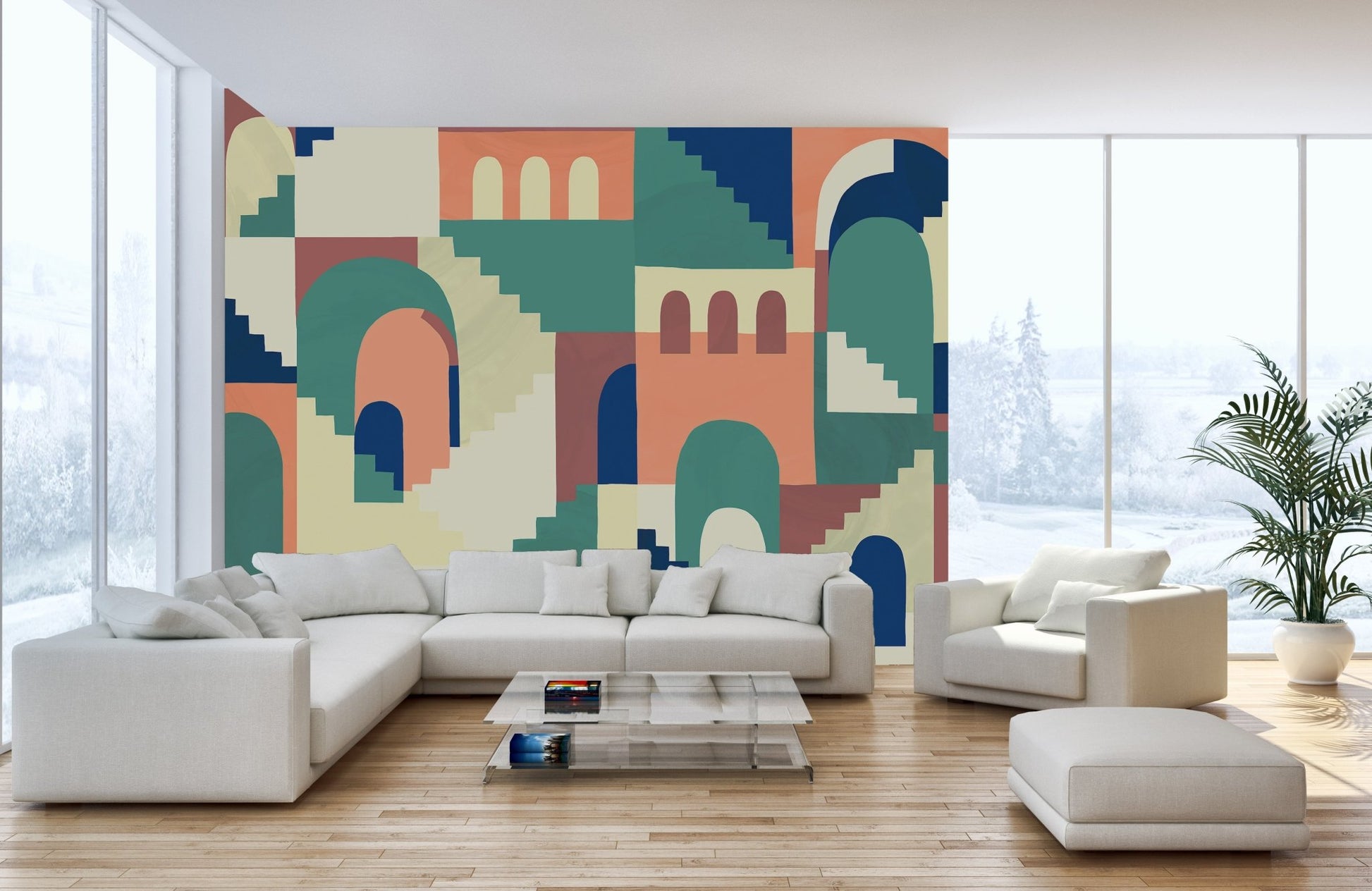 Abstract maze wall mural in a white living space with a sectional sofs.