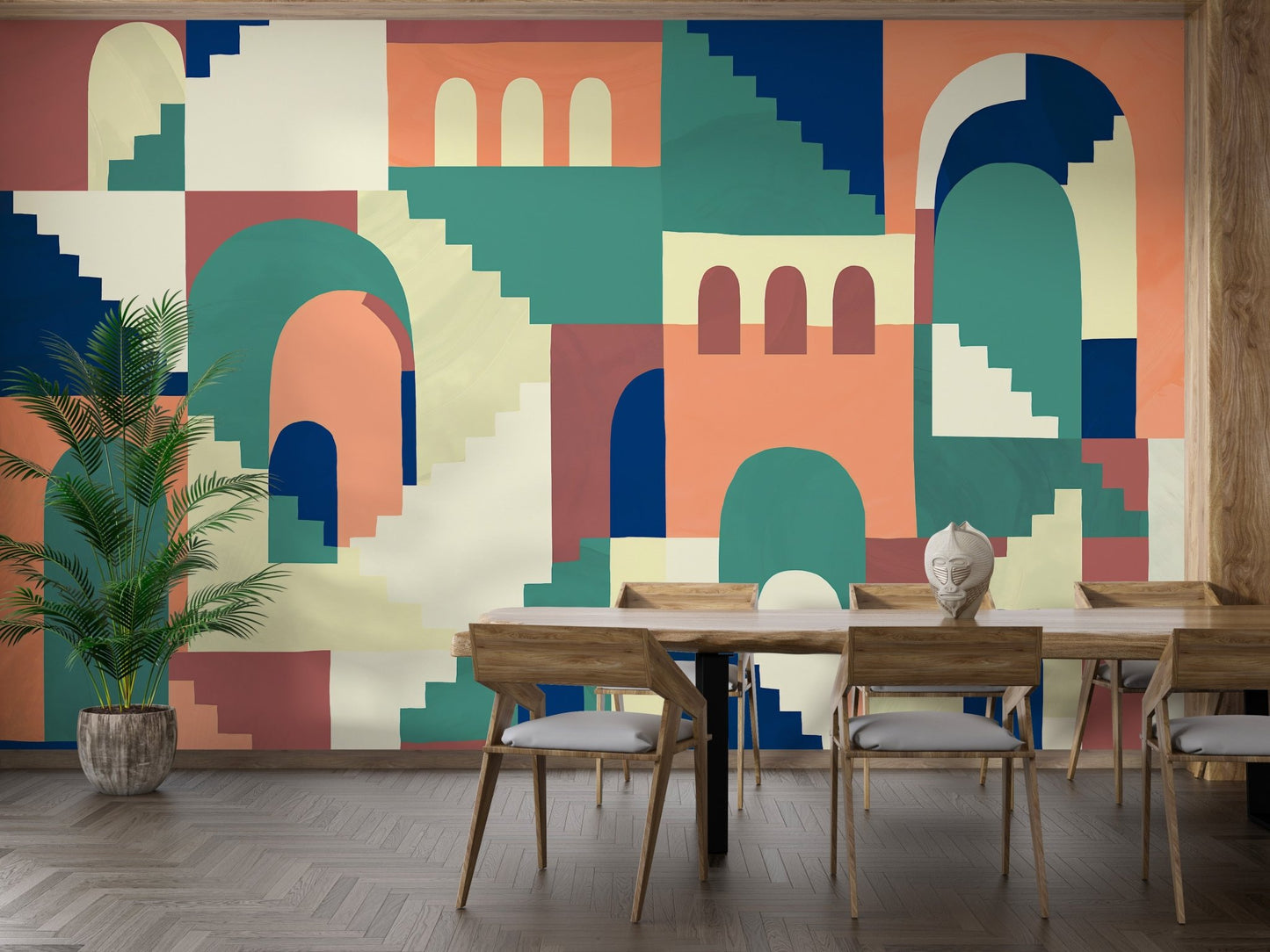 Bright cartoon puzzle wall mural in modern dining room.