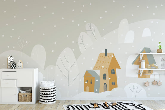 Cartoon Mountain Escape Wall Murals featuring grey hills and a small yellow house.