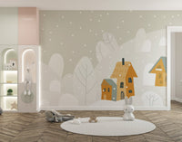 Modern kids room with pink accents and Cartoon Mountain Escape Wall Murals.