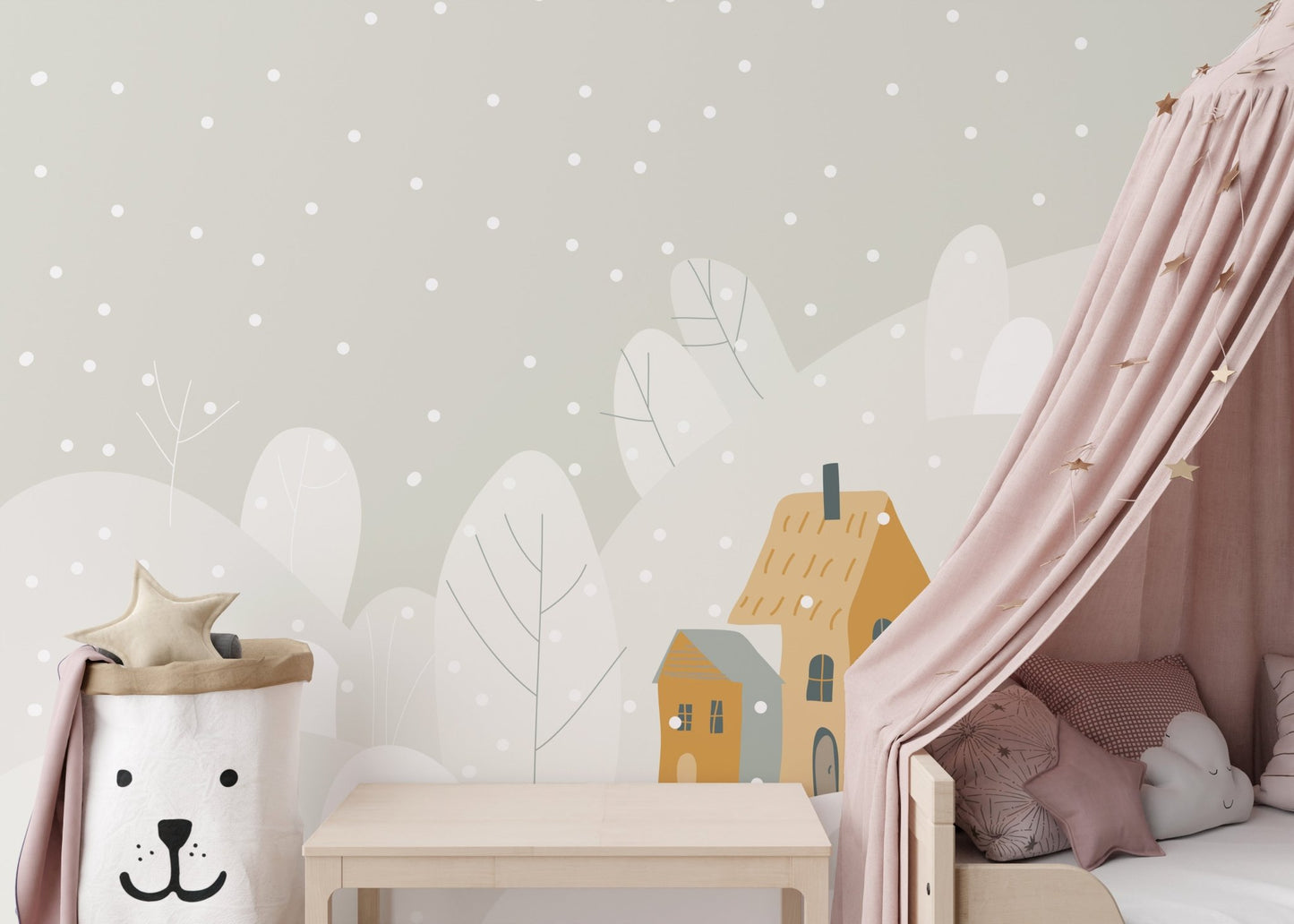 Bedroom corner with a pink canopy and soft grey mountain wall mural.