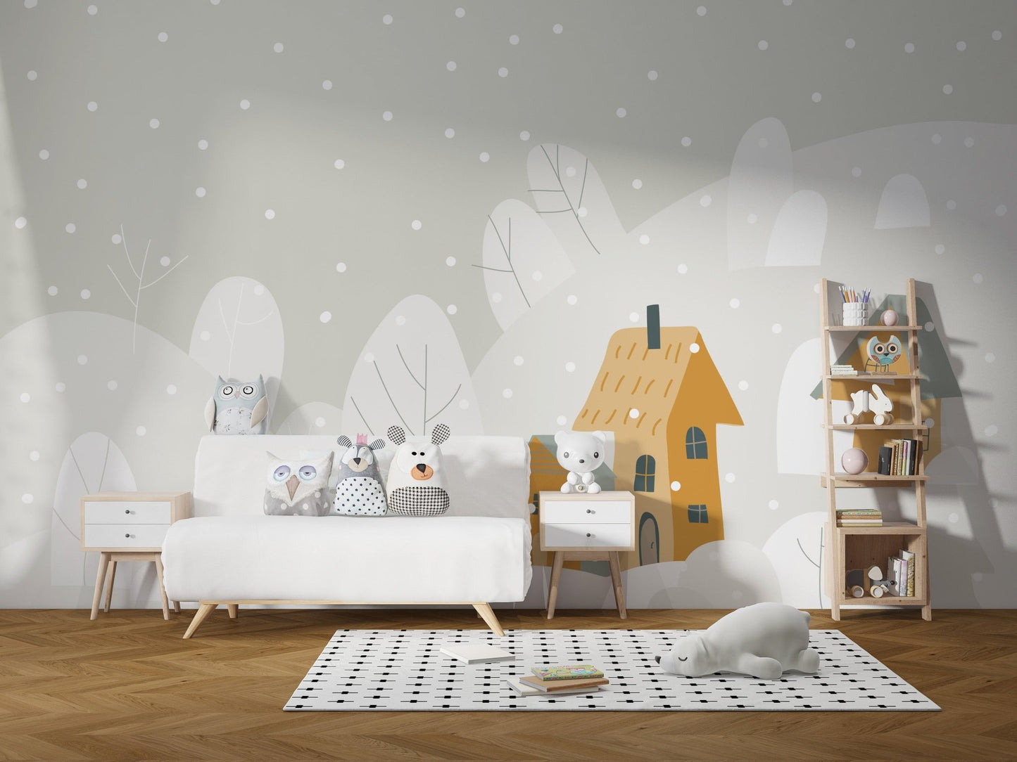 Minimalist playroom with a white sofa and Cartoon Mountain Escape Wall Murals.